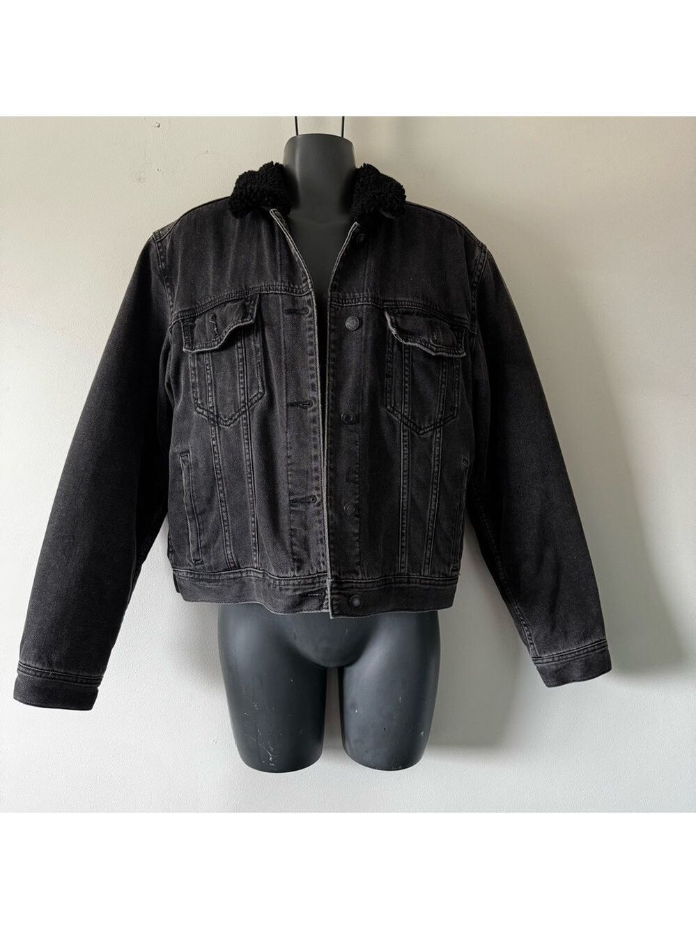 American Eagle Outfitters Dark Denim Jacket with Black Sherpa Collar